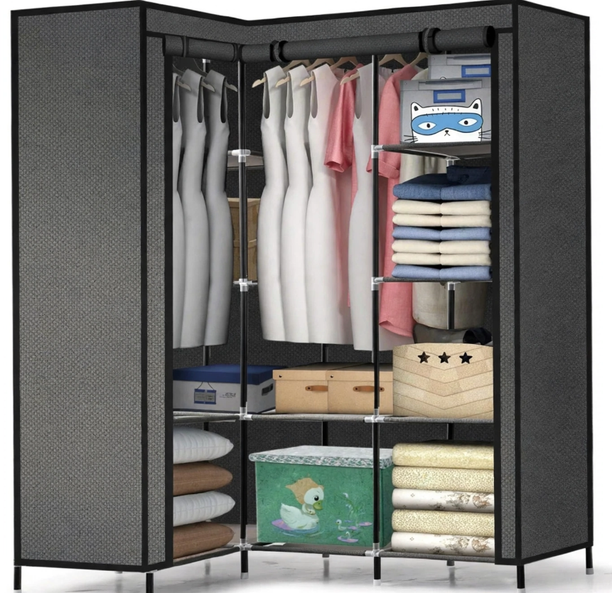 Closet Esquinero Moderno 173cm - 4 Repisas + Barra para Ropa - Optimiza Espacios Pequeños